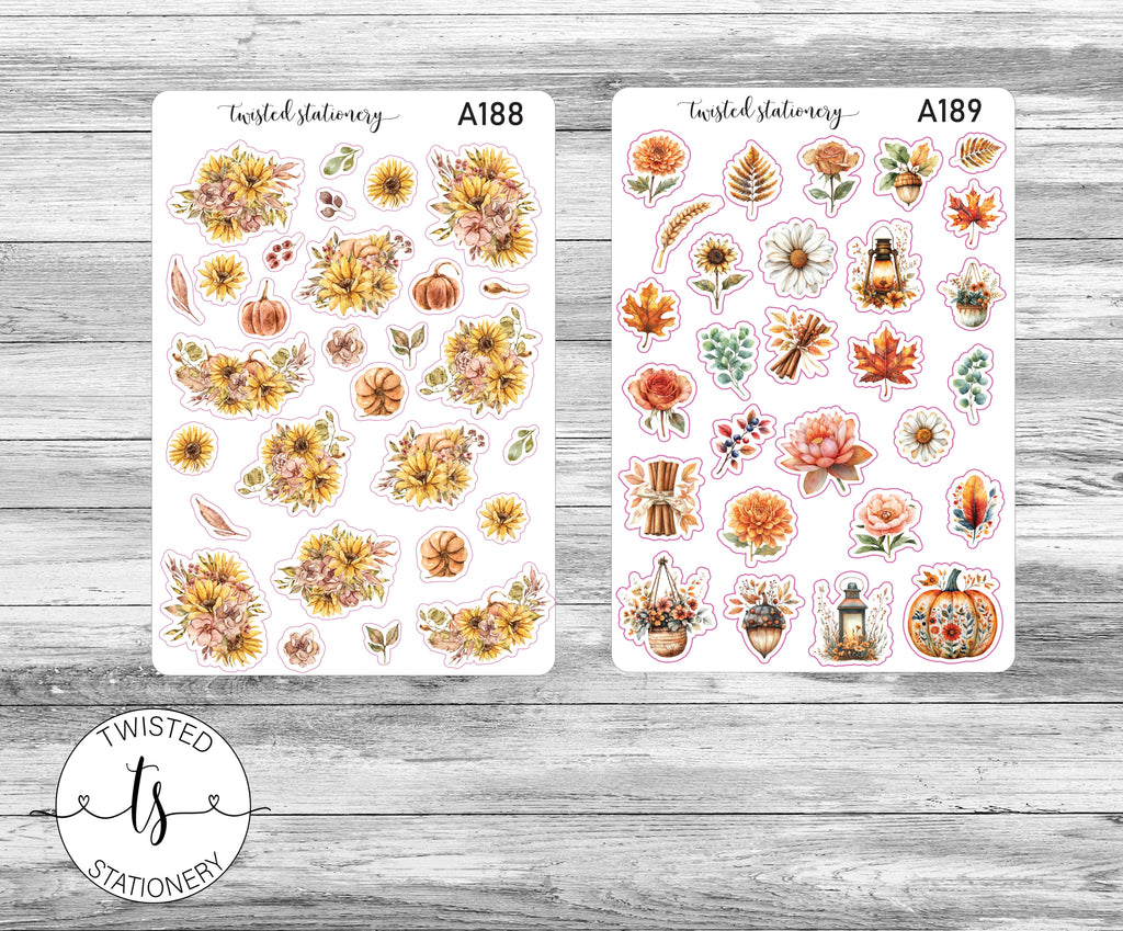Fall Florals Sticker Bundle, Autumn Flower Leaves Deco, Quotes Planner Stickers, Scrapbooking, Bullet Journals