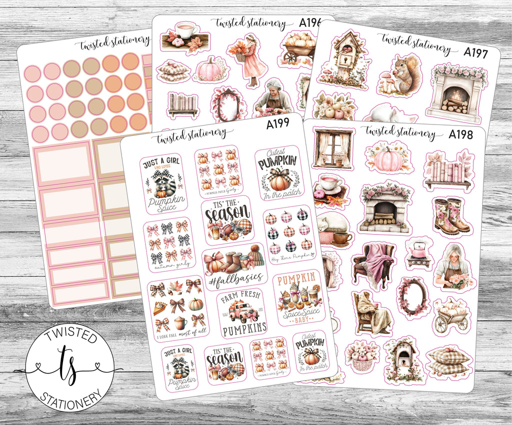 Autumn Pink & Girly Sticker Bundle, Autumn Flower Leaves Deco, Quotes Planner Stickers, Scrapbooking, Bullet Journals, Junk Journal