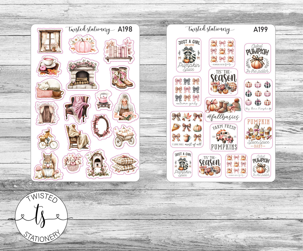 Autumn Pink & Girly Sticker Bundle, Autumn Flower Leaves Deco, Quotes Planner Stickers, Scrapbooking, Bullet Journals, Junk Journal