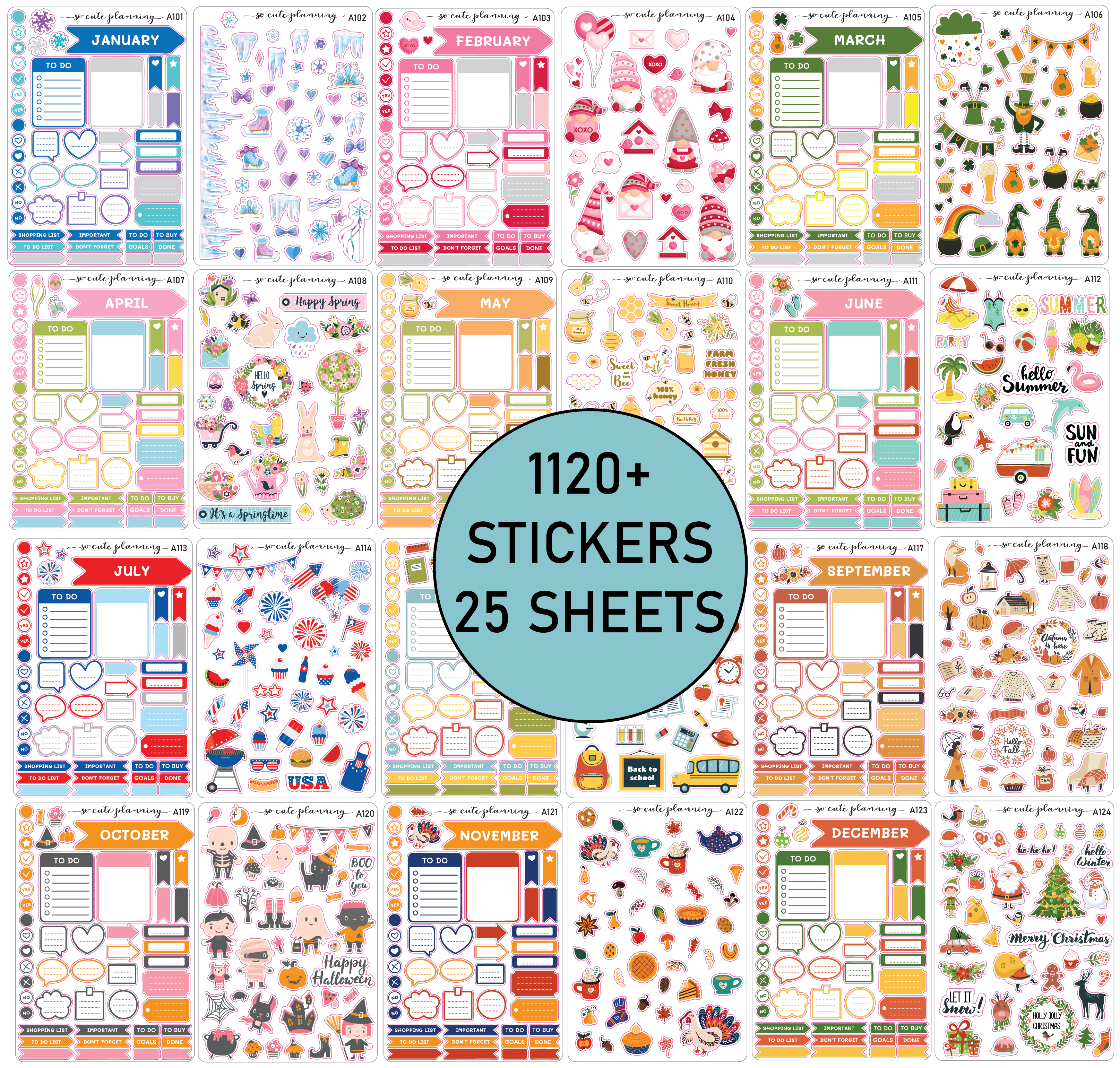 25 Pages - Year of Stickers Includes Monthly & Deco, Planner Stickers, Scrapbooking, Bullet Journals