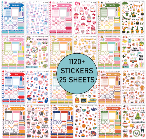 25 Pages - Year of Stickers Includes Monthly & Deco, Planner Stickers, Scrapbooking, Bullet Journals