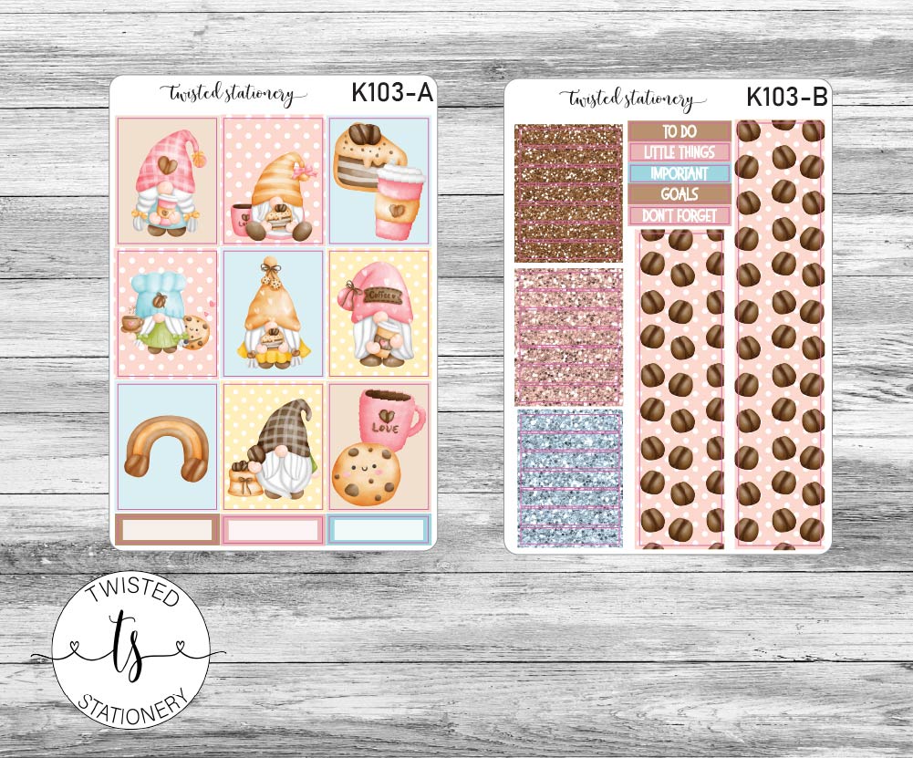 Gnomes and Coffee Weekly Kit Stickers, Planner Stickers, Scrapbooking, Bullet Journals, No White Space Kit, Vertical Planner Stickers