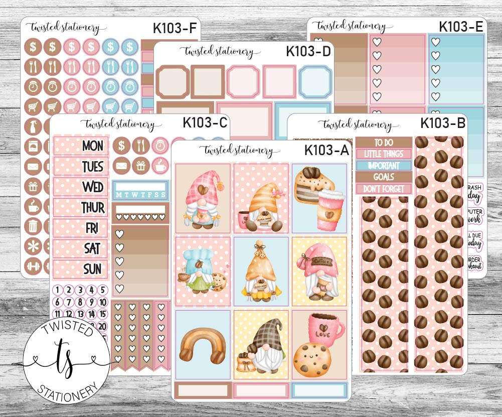 Gnomes and Coffee Weekly Kit Stickers, Planner Stickers, Scrapbooking, Bullet Journals, No White Space Kit, Vertical Planner Stickers