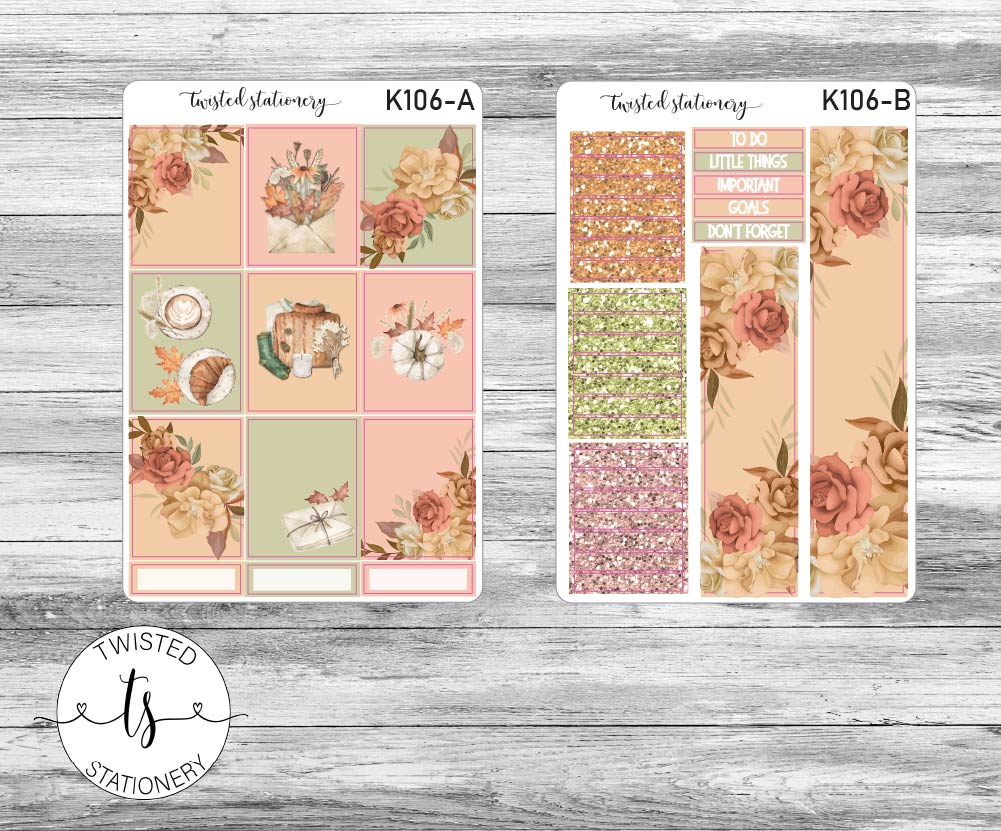 Fall Floral Weekly Kit Stickers, Planner Stickers, Scrapbooking, Bullet Journals, No White Space Kit, Vertical Planner Stickers