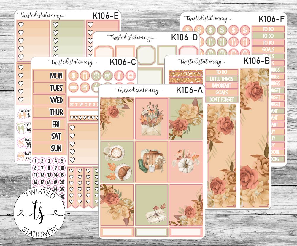 Fall Floral Weekly Kit Stickers, Planner Stickers, Scrapbooking, Bullet Journals, No White Space Kit, Vertical Planner Stickers
