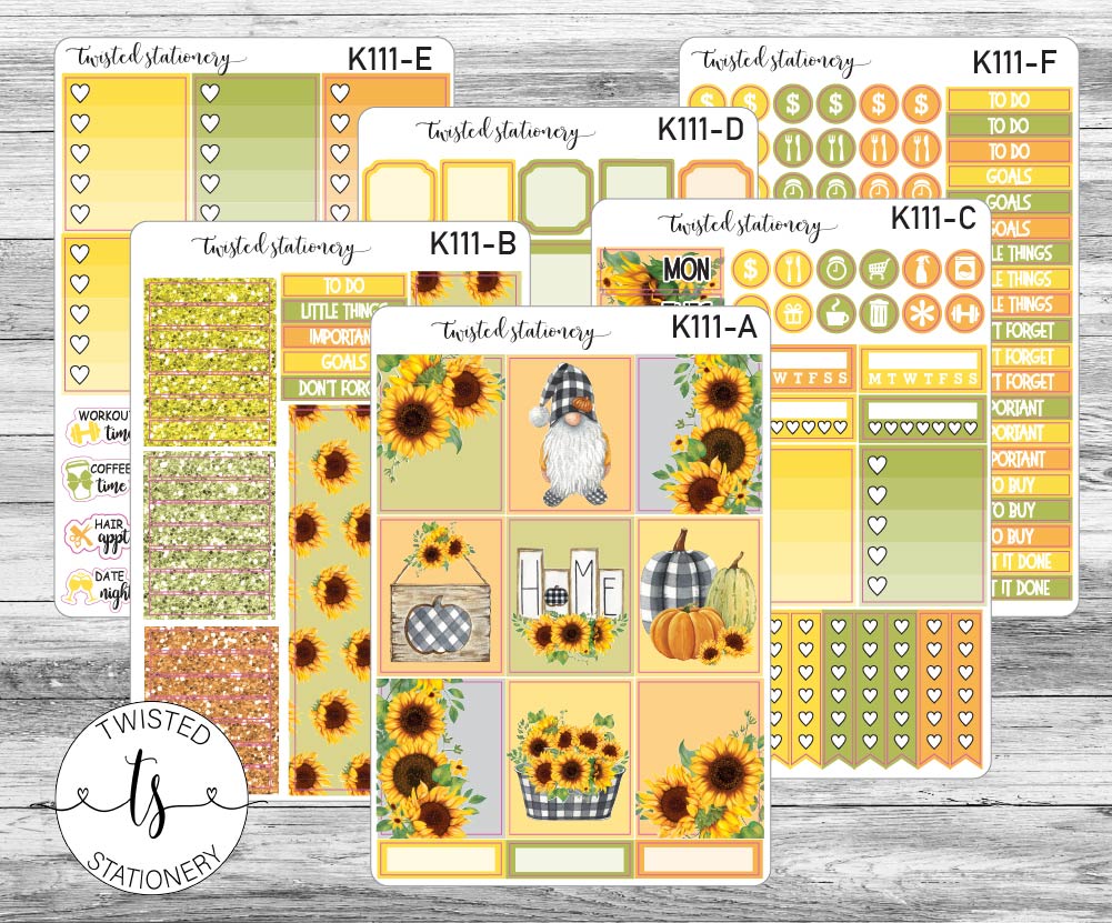 Sunflowers in Autumn Weekly Kit Stickers, Planner Stickers, Scrapbooking, Bullet Journals, No White Space Kit, Vertical Planner Stickers