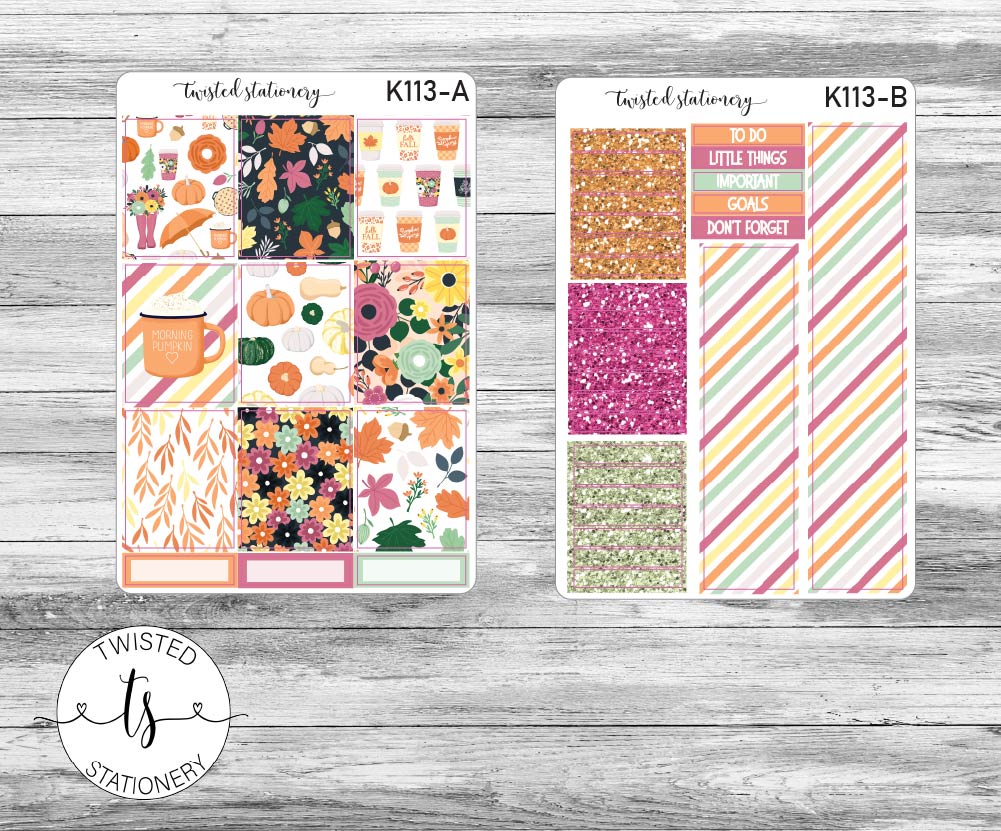 Autumn Brew & Blooms Weekly Kit Stickers, Planner Stickers, Scrapbooking, Bullet Journals, No White Space Kit, Vertical Planner Stickers