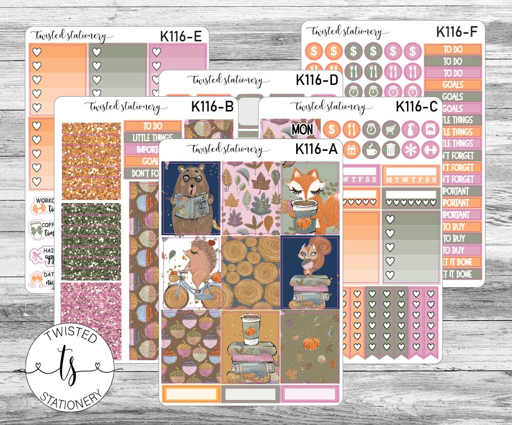 Autumn Woodland Weekly Kit Stickers, Planner Stickers, Scrapbooking, Bullet Journals, No White Space Kit, Vertical Planner Stickers