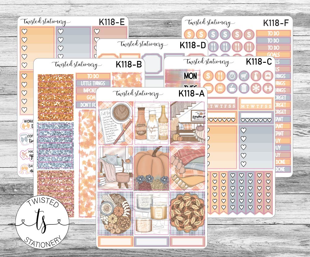 Autumn Home Weekly Kit Stickers, Planner Stickers, Scrapbooking, Bullet Journals, No White Space Kit, Vertical Planner Stickers